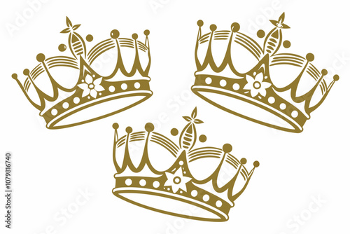 Multiple Gold crown icons set. flower shape top of the crown Illustration