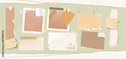 Soft pastel vintage composition with ripped notebook pieces. Lined, squared and blank paper fragments with delicate plant sketches. Pinned torn papers, adhesive tape and handwritten text snippets.