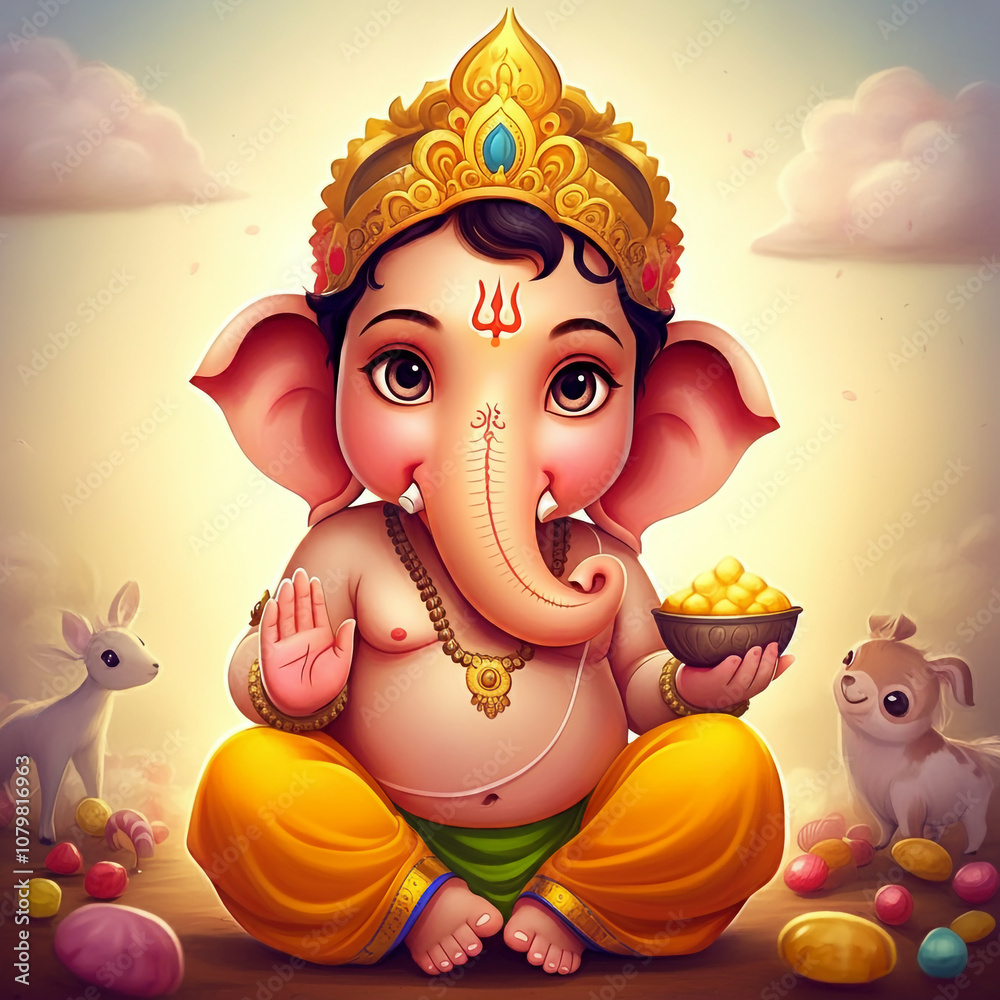 Fototapeta premium Young Lord Ganesha with a joyful expression, holding a modak, surrounded by nature, symbolizing innocence, joy, and blessings