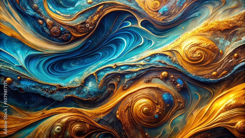 Abstract Swirls of Blue and Gold Paint, a Symphony of Color and Texture Abstract Swirls of Blue and Gold Paint, a Symphony of Color and Texture