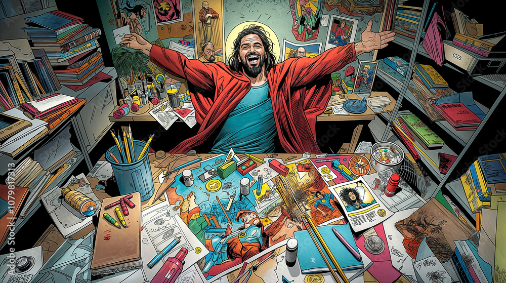 Fototapeta premium Jesus Christ red robe Creating Art Drafting Table Surrounded by Comics