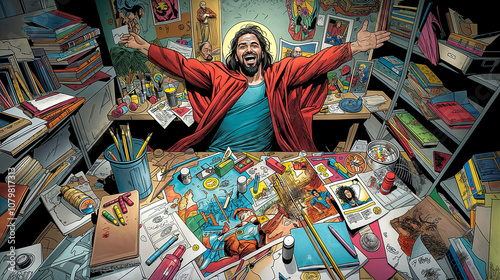 Jesus Christ red robe Creating Art Drafting Table Surrounded by Comics