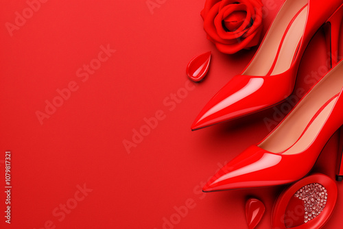 Obraz na płótnie Elegant Red High Heels with Rose and Gemstone on Red Background w salonie