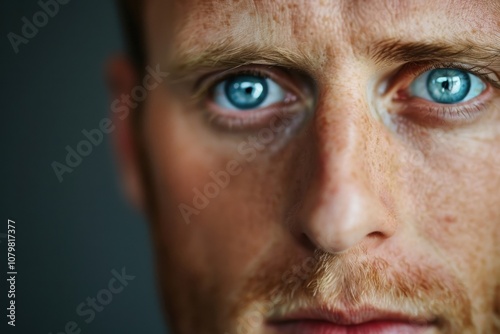 Closeup portrait of a person with piercing blue eyes and a rugged, weathered face