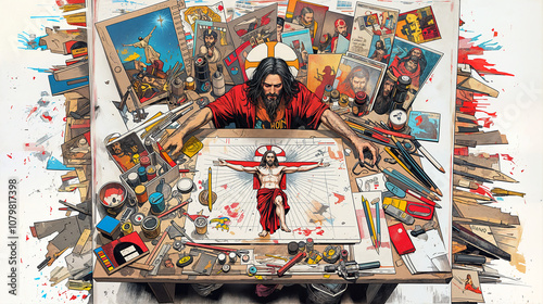 Sacred Meets Art: resurrected Jesus at drafting Table Cartoon Drawings