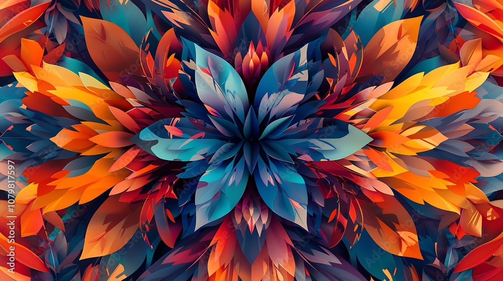 A vivid and colorful symmetrical pattern of interlocking floral shapes, with seamless blending that gives a sense of unity and continuity. 8k UHD, suitable for high-quality printing or digital A vivid and colorful symmetrical pattern of interlocking floral shapes, with seamless blending that gives a sense of unity and continuity. 8k UHD, suitable for high-quality printing or digital