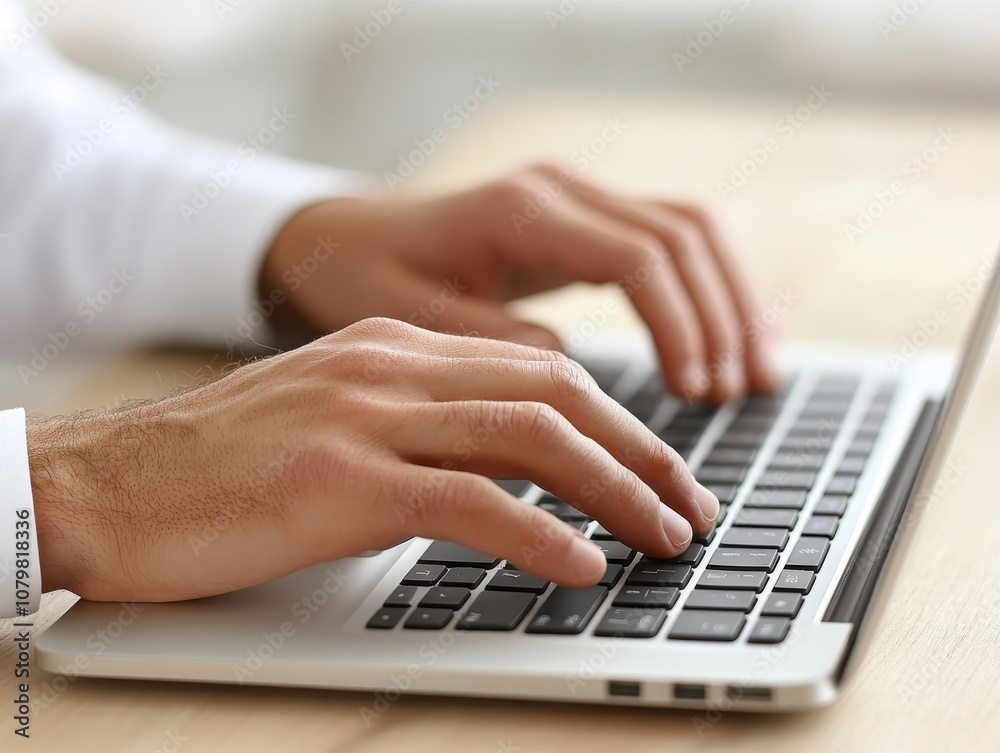 Soft focus shot of a business professional working on a laptop, creating a calm and serene office environment with a gentle blur Soft focus shot of a business professional working on a laptop, creating a calm and serene office environment with a gentle blur