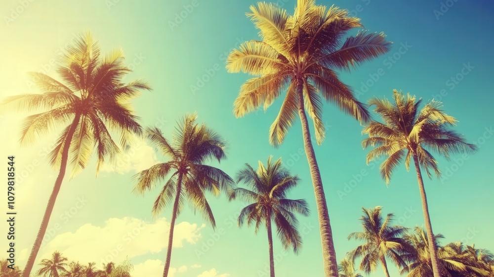 Fototapeta premium Tropical palm trees against a vibrant blue sky with fluffy white clouds