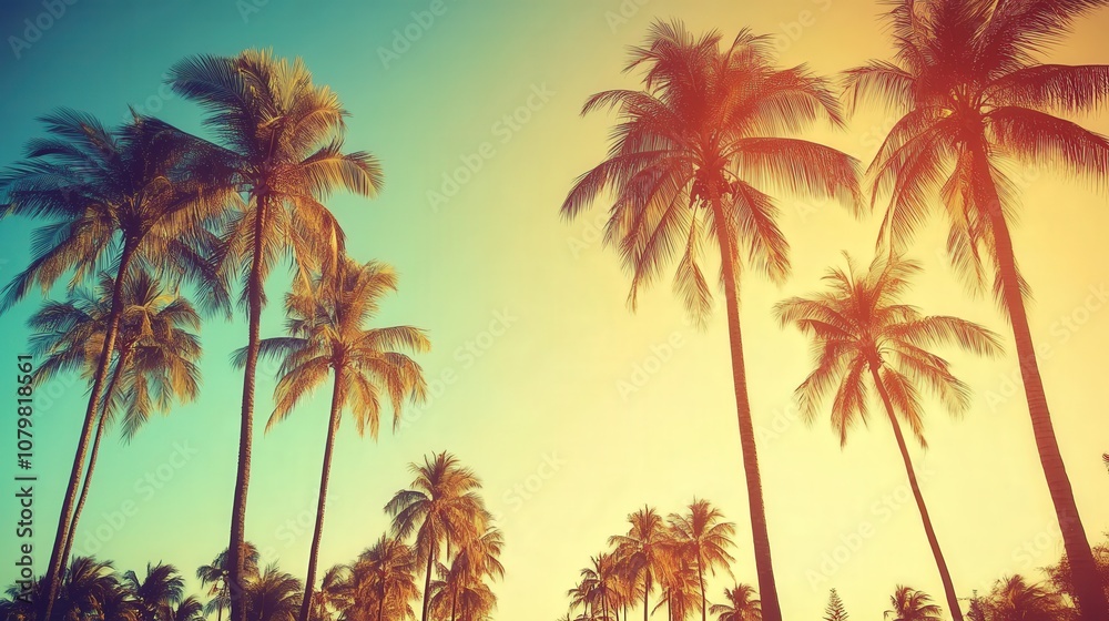 Fototapeta premium Tropical palm trees against a vibrant sunset sky