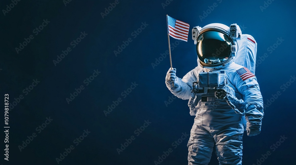 Astronaut child holding american flag studio portrait blue background celebratory spirit Astronaut child holding american flag studio portrait blue background celebratory spirit