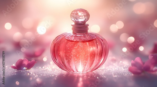 Elegant Pink Perfume Bottle Surrounded by Soft Floral Petals and Gentle Sparkles in a Dreamy, Blurred Background for Beauty and Luxury Themes