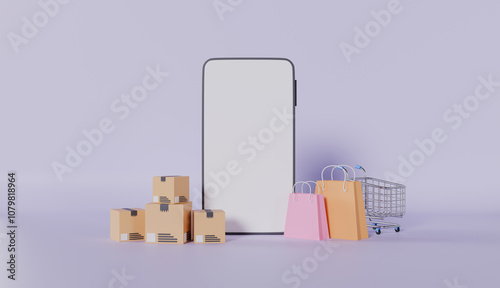 Mobile application e-commerce, Smartphone with carton paper box and shopping cart and shopping bag photo