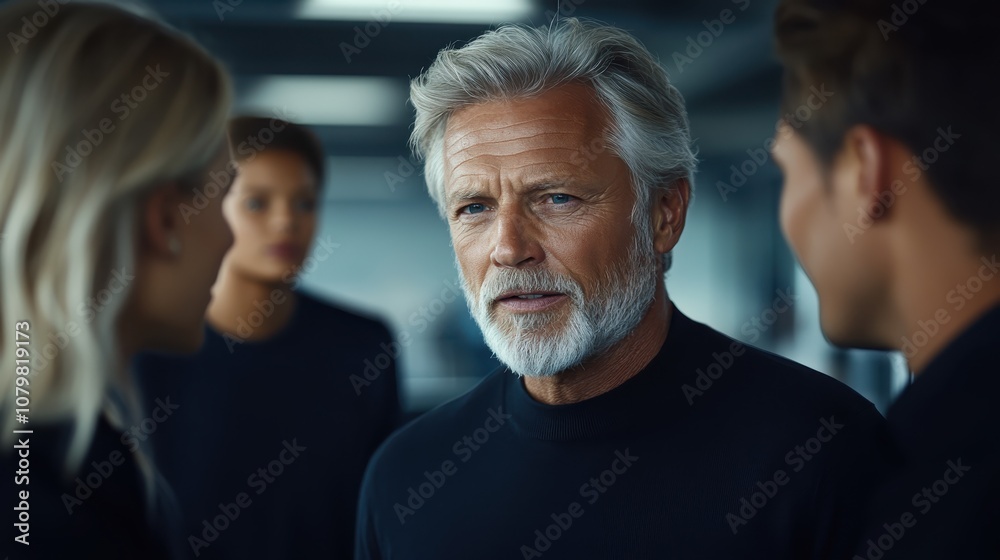 Candid image of a corporate leader having a casual conversation with team members, natural interaction in a sleek office environment Candid image of a corporate leader having a casual conversation with team members, natural interaction in a sleek office environment