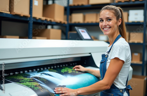 A woman standing next to a large printer, smiling.