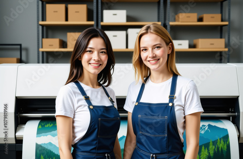 Two women, one Asian and one European, standing in a printing factory with a large printer.