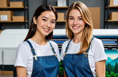 Two female employees in a printing factory with a large printer.