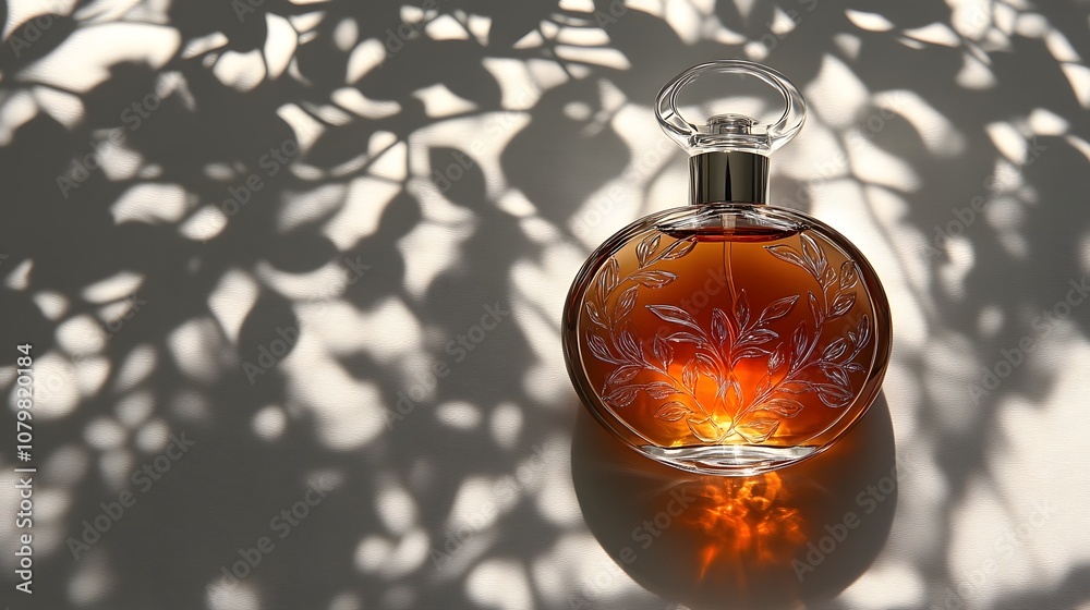 Elegant glass perfume bottle surrounded by intricate shadows cast by greenery, creating a serene atmosphere perfect for beauty and fragrance imagery. Elegant glass perfume bottle surrounded by intricate shadows cast by greenery, creating a serene atmosphere perfect for beauty and fragrance imagery.