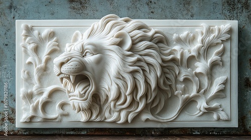 White Marble Relief Sculpture of a Roaring Lion with Floral Details