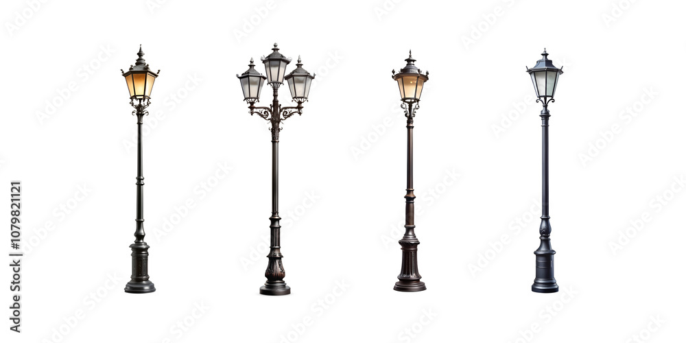 Obraz premium Classic European style street lamppost different design isolated on transparent background