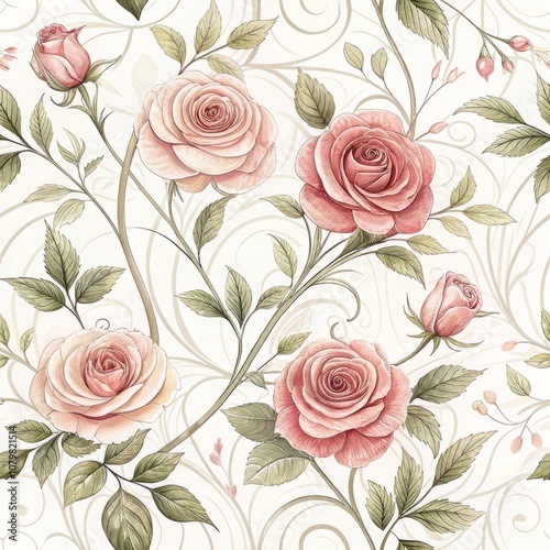 Wallpaper Mural Flowing Rose Blossom Seamless Pattern Torontodigital.ca