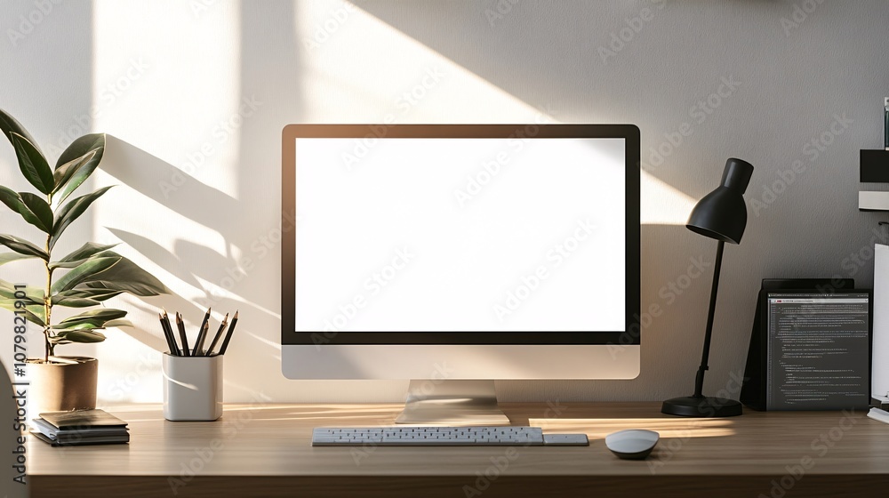 Minimalist workspace setup modern office image bright environment side view productivity concept Minimalist workspace setup modern office image bright environment side view productivity concept