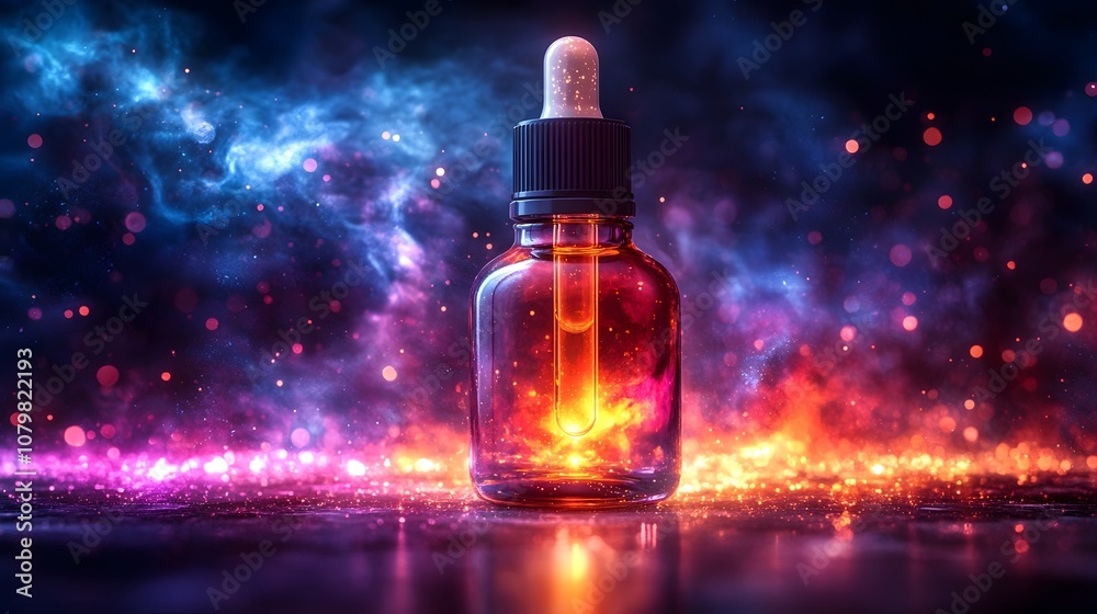Illuminated Glass Dropper Bottle Surrounded by Colorful Nebula and Sparkling Glow in a Mystical Cosmic Background Ideal for Wellness and Beauty Products Illuminated Glass Dropper Bottle Surrounded by Colorful Nebula and Sparkling Glow in a Mystical Cosmic Background Ideal for Wellness and Beauty Products