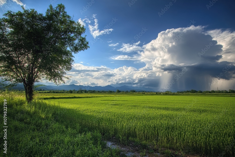 A lone tree stands in a lush green field, with a dramatic stormy sky and mountains in the background. A lone tree stands in a lush green field, with a dramatic stormy sky and mountains in the background.