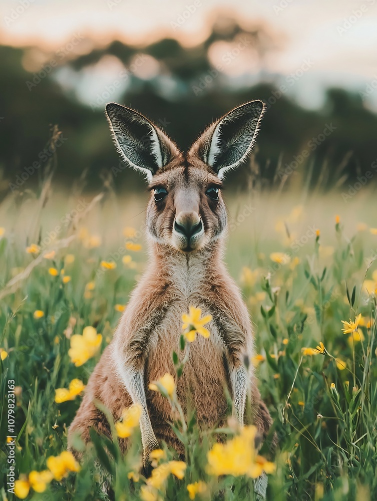 Curious Kangaroo Munching on Wildflowers in Outback Setting Curious Kangaroo Munching on Wildflowers in Outback Setting