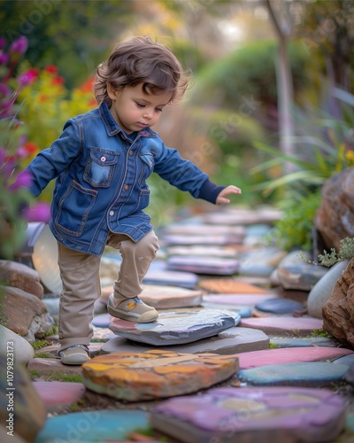 Young child practicing balance on a stepping-stone path, focused and cautious expression, outdoor garden with colorful stones, clear light, realistic photo 