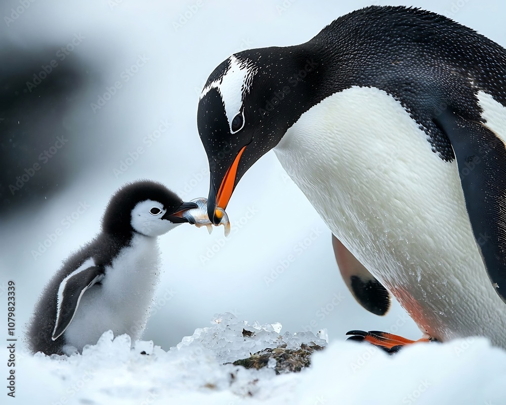 Naklejka premium Affectionate Penguin Parent Feeding Chick in Icy Antarctic Landscape