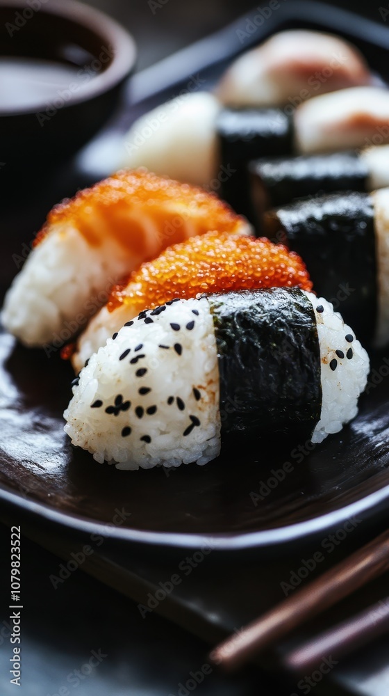 Sushi set on black plate. Sushi roll with salmon, eel, caviar, rice, nori, seaweed. Sushi set on black plate. Sushi roll with salmon, eel, caviar, rice, nori, seaweed.