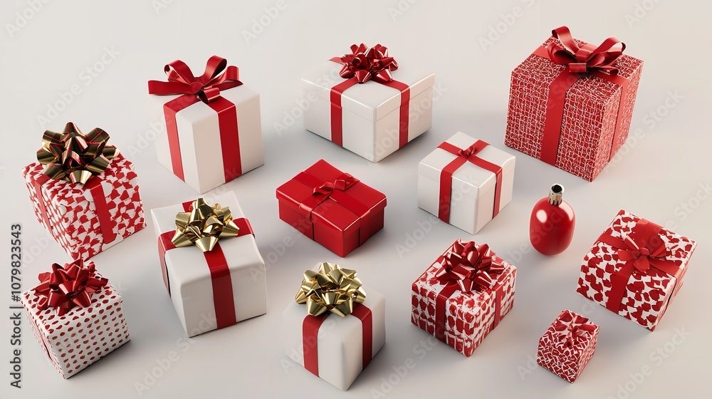 A collection of red and white gift-wrapped presents with festive ribbons. A collection of red and white gift-wrapped presents with festive ribbons.