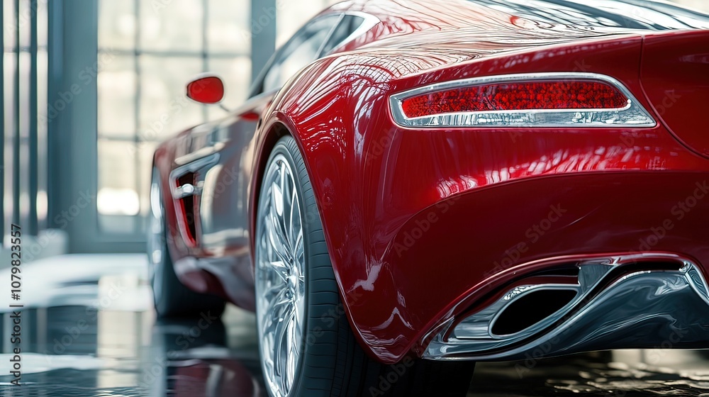 A close-up of the back end of a red sports car, showing the taillights, exhaust pipes, and rear wheel. A close-up of the back end of a red sports car, showing the taillights, exhaust pipes, and rear wheel.