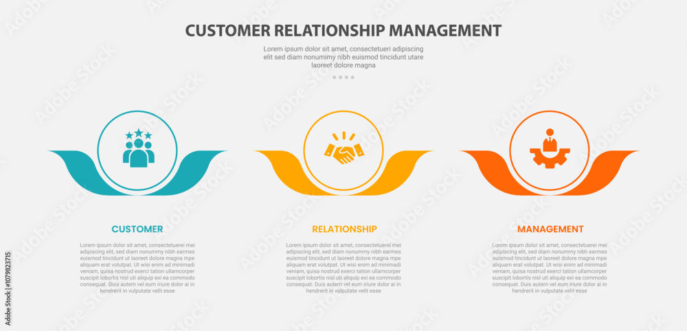 CRM customer relationship management infographic outline style with 3 point template with big circle and flower leaf accessories at bottom for slide presentation CRM customer relationship management infographic outline style with 3 point template with big circle and flower leaf accessories at bottom for slide presentation