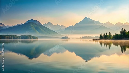 Serene Mountain Reflections in a Misty Morning Landscape