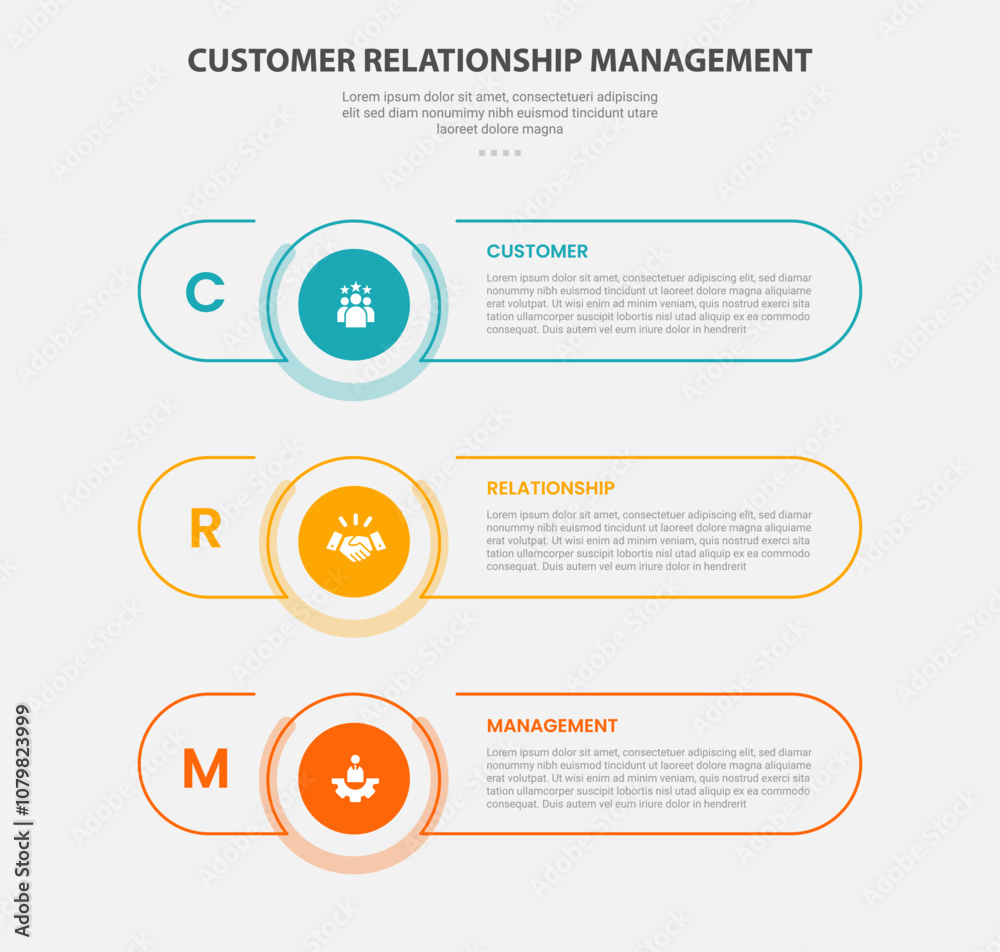 CRM customer relationship management infographic outline style with 3 point template with long round rectangle shape with stack vertical layout for slide presentation CRM customer relationship management infographic outline style with 3 point template with long round rectangle shape with stack vertical layout for slide presentation