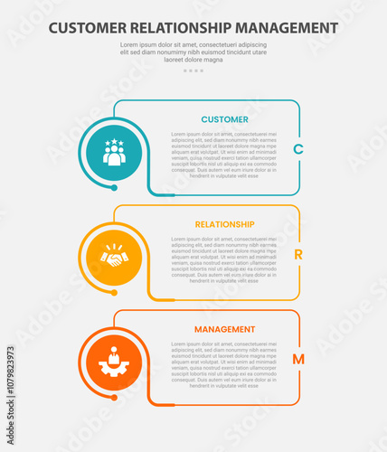 CRM customer relationship management infographic outline style with 3 point template with creative box with circle edge on vertical stack layout for slide presentation