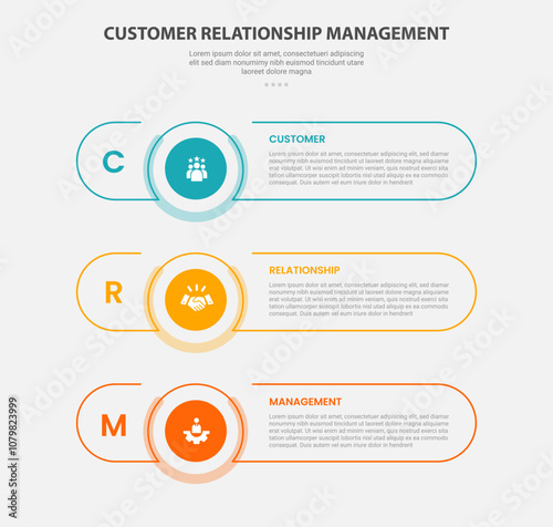 CRM customer relationship management infographic outline style with 3 point template with long round rectangle shape with stack vertical layout for slide presentation