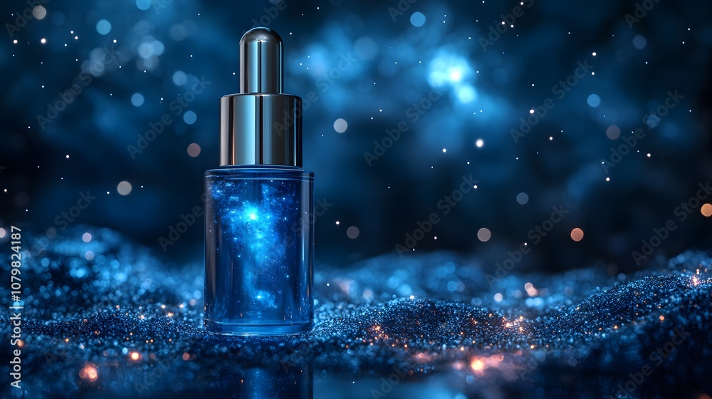 Captivating Cosmetic Bottle with Dropper Surrounded by Sparkling Blue Glitter, Creating a Mystical and Enchanting Atmosphere for Beauty Products Captivating Cosmetic Bottle with Dropper Surrounded by Sparkling Blue Glitter, Creating a Mystical and Enchanting Atmosphere for Beauty Products