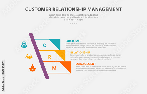 CRM customer relationship management infographic outline style with 3 point template with sharp rectangle stairway ladder with triangle edge for slide presentation