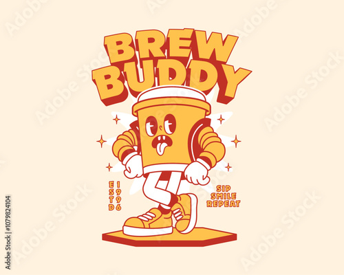 Coffee cup wearing jacket cartoon mascot Illustration. Suitable for logos, mascots, t-shirts, stickers and posters