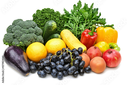 Fototapeta Naklejka Na Ścianę i Meble -  Illustration of a vibrant assortment of fresh fruits and vegetables on a white background, ideal for promoting health.