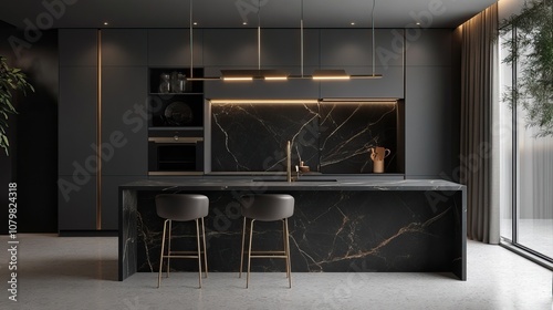 Luxury kitchen with slate gray cabinetry, brass fixtures, black marble island, and statement lighting,