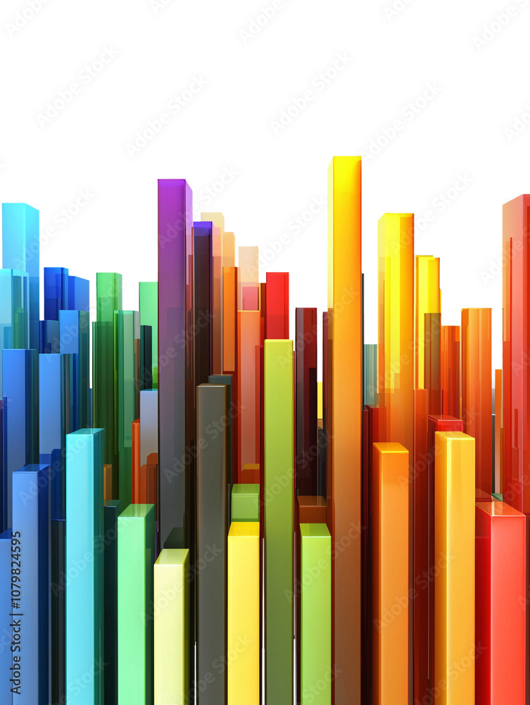 An isolated range of colorful abstract bars in various heights and widths, set against a white background, symbolizing different values. An isolated range of colorful abstract bars in various heights and widths, set against a white background, symbolizing different values.