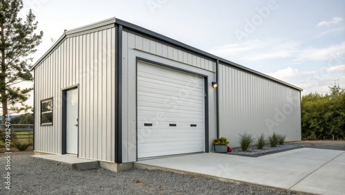 Modern Metal Building With Garage Door Surrounded by Gravel Landscaping in a Serene Outdoor Setting. Generative AI