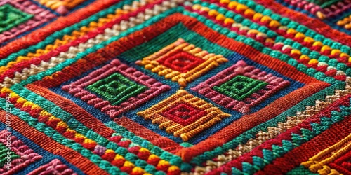 A close-up view of colorful hand-woven fabric, showcasing intricate patterns and textures in vibrant hues