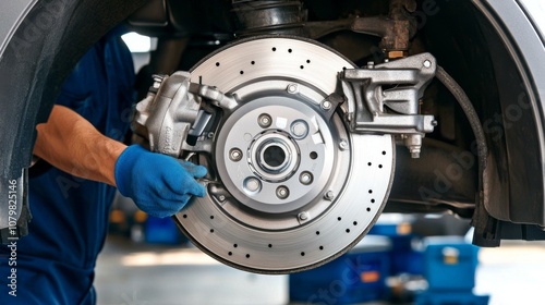 The mechanic is working on the car's brakes in an auto workshop.