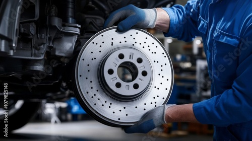 The mechanic is working on the car's brakes in an auto workshop.