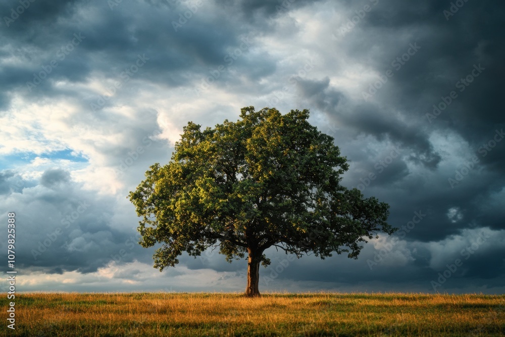 A lone tree stands tall in a field against a stormy sky. A lone tree stands tall in a field against a stormy sky.