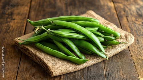 Fresh Green Beans on a Burlap Sack on Wooden Background photo